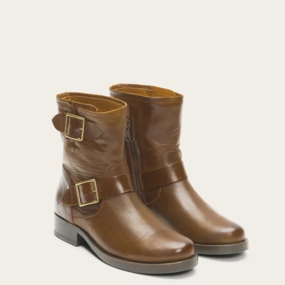 Frye Vicky Engineer Moto Brown Real Leather Belted Vintage Mid Calf Ankle Boot - Picture 6 of 16